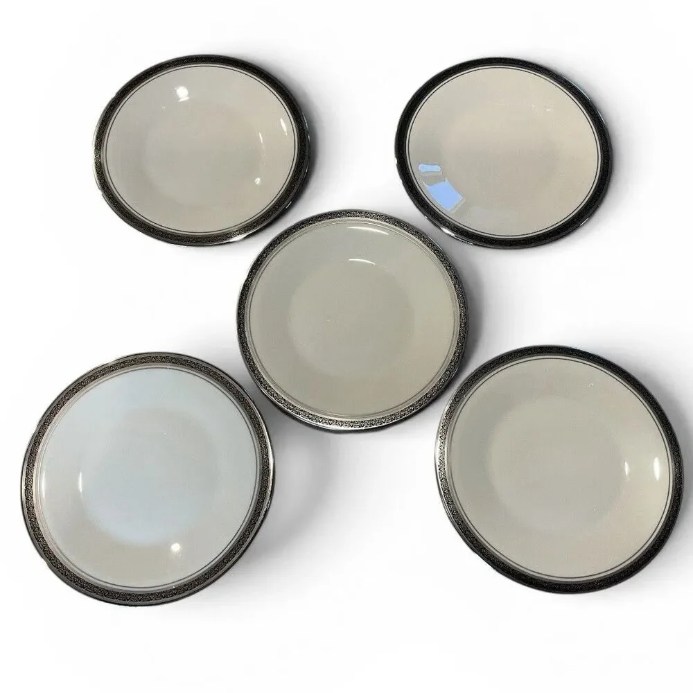 Set Of 5 Franciscan INDIGO Bread Butter Plates 6 1/4” Black Silver Rim USA 1970s